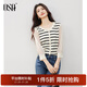 歐莎法式木耳邊條紋針織衫女2025秋季新款歐根紗拼接長(cháng)袖上衣 黑白條紋 S