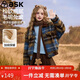 ASK JUNIOR兒童外套2025冬季中大童翻領(lǐng)撞色格紋夾克女童長(cháng)袖呢子大衣