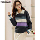 品彩（PinCai）針織衫女時(shí)尚復古翻領(lǐng)條紋撞色毛衣休閑百搭上衣P143Z3002