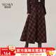 熙世界（sllsky）美式復古格紋毛呢半身裙2025秋冬款梨形身材高腰a字傘裙 酒紅格 XL