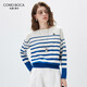 科蒙博卡2026春夏桑蠶絲新款藍白條紋針織衫女長(cháng)袖T恤寬松上衣 航海藍 XL