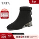 他她（TATA）加絨靴子女鞋2025秋冬羊皮休閑百搭增高粗跟彈力短靴 黑色（單里） 36