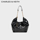 CHARLES&KEITH26春季新品帶包掛油蠟皮大容量托特包新年生日禮物CK2-40151610 Black黑色 L
