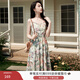 香影法式碎花吊帶連衣裙女2025夏季新款油畫(huà)印花v領(lǐng)雪紡沙灘裙子 果綠 M