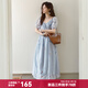 謎秀法式植物刺繡連衣裙2025夏季新款萊賽爾裙子氣質(zhì)系帶短袖長(cháng)裙女 藍色 L