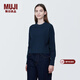 MUJI女式 棱紋編織 圓領(lǐng)短款針織衫 長(cháng)袖女款 女裝 薄款毛衣 藏青色 M (160/84A)