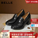 百麗（Belle）復古抓皺面羊皮樂(lè )福鞋女2026春新粗跟氣質(zhì)通勤單鞋B2948AA6 黑色 37 (235mm)