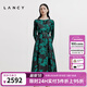 朗姿/LANCY秋新款真絲復古玫瑰印花收腰長(cháng)袖連衣裙重工裙子女 夜幕黑色 M