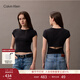 Calvin KleinJeans夏季女士時(shí)尚潮流休閑ck鏤空辣妹正肩羅紋重磅短袖T恤上衣 UB1-太空黑 S