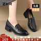 ZHR頭層牛皮革樂(lè )福鞋女粗跟通勤皮鞋女一腳蹬軟底單鞋女KM03黑色40