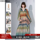 COCOBELLA[赤霞橘光]手繪彩虹條紋飄逸長(cháng)袖連衣裙套裝FR7045 赤霞橘光(含吊帶裙+腰帶) M