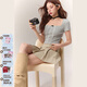 CHUU蕾絲邊拼接短袖T恤女2025夏季新品蝴蝶結修身方領(lǐng)短款上衣 淺花灰 均碼