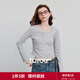 初語(yǔ)萊賽爾棉質(zhì)T恤 2025秋季新款拼接蕾絲修身短款長(cháng)袖打底衫上衣 淺花灰色 XL