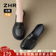 ZHR頭層牛皮樂(lè )福鞋女復古金屬扣粗跟單鞋女圓頭皮鞋女 KL02 黑色 37 