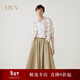 OVV2025春夏新款女裝優(yōu)雅V領(lǐng)寬條紋長(cháng)絨棉長(cháng)袖針織開(kāi)衫 卡其條紋 L