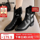 意爾康女靴顯瘦V口粗跟騎士短靴尖頭西部牛仔靴 29318W 黑色    38   