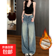 銀河爆閃重工閃閃褲加絨闊腿牛仔褲女2026新款高腰顯瘦長(cháng)褲褲子 藍色加長(cháng)-燙鉆-(身高164以上) 加絨 L (109-118斤)