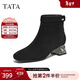 他她（TATA）加絨靴子女鞋2025秋冬羊皮休閑百搭增高粗跟彈力短靴 黑色（絨里） 38