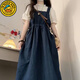 G.duck女童牛仔背帶連衣裙短袖襯衫兩件套女春夏裝學(xué)院風(fēng)中長(cháng)款裙子套裝 【單件】牛仔背帶裙 130 【適合45-56斤】