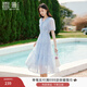 香影天藍色v領(lǐng)泡泡袖連衣裙女2025夏裝新款收腰絕美海邊碎花裙子 藍色 M 160/84A/95-110斤