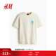 H&M【史努比】男裝女裝T恤印花圓領(lǐng)寬松落肩情侶裝打底衫0972640 淺米色/史努比 M 175/100