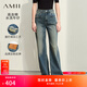 AMII女裝2025秋季復古做舊洗水磨爛牛仔褲長(cháng)褲女皮牌裝飾寬松 牛仔藍 XL 170/76A