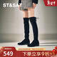 星期六（St&Sat）女靴冬季瘦瘦靴中跟過(guò)膝長(cháng)靴時(shí)尚圓頭系帶襪靴 黑色 36