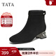 他她（TATA）加絨靴子女鞋2025秋冬羊皮休閑百搭增高粗跟彈力短靴 黑色（絨里） 38