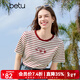 百圖betu女裝2025夏季新款T恤撞色領(lǐng)邊意趣圖案條紋棉感短袖女2503X05 紅白條 S