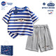 WASSUP WKENG男童夏裝套裝2026新款純棉男孩圓領(lǐng)短袖t恤短褲夏季兒童運動(dòng)服 藍白條紋+灰褲子【款一】 130 130cm