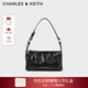 CHARLES&KEITH褶皺油蠟皮斜挎小方包手提包腋下包女士情人節禮物CK2-80160183 Noir黑色 S