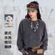 【京東直采】26新款春裝潮牌水洗做舊圓領(lǐng)衛衣女寬松百搭套頭上衣 鐵色 XL 建議(160-180)斤