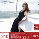 三彩2025夏季新款無(wú)袖V領(lǐng)連衣裙A字裙仿牛仔開(kāi)叉長(cháng)裙女