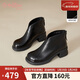 金利來(lái)（Goldlion）女靴2025牛皮粗跟英倫短靴后拉鏈時(shí)裝靴圓頭單靴G662540257黑色39