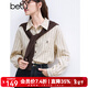 百圖betu女裝秋冬新款襯衫條紋印花襯衣氣質(zhì)百搭襯衫女2411T59 杏色 L