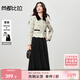 尚都比拉撞色小香風(fēng)套裝女秋季翻領(lǐng)蝴蝶結次序短外套A字絲絨半身裙兩件套