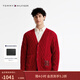 Tommy Hilfiger25春夏新款男女純棉絞花V領(lǐng)休閑慵懶寬松麻花針織開(kāi)衫外套 紅色XMP M （推薦：135-150斤）