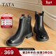 他她（TATA）加絨奶皮靴子秋羊皮英倫時(shí)裝靴短筒厚底真皮粗跟短靴CF801DD5 黑色（絨里） 37
