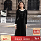 尚都比拉撞色花邊絲絨連衣裙女冬季優(yōu)雅圓領(lǐng)長(cháng)袖A字裙藏肉顯瘦氣質(zhì)中長(cháng)裙