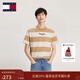 TOMMY JEANS【撞色條紋】春夏男裝純棉平紋針織休閑拼色刺繡短袖T恤上衣 卡其白條紋AB0 L