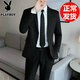 花花公子西服套裝男休閑韓版商務(wù)職業(yè)正裝三件套修身結婚伴郎新郎西裝外套 黑色兩扣西服+西褲+襯衫+領(lǐng)帶 L