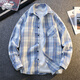 頂峰保羅（Dingfengbaoluo）格子襯衫男款春季美式高級感痞帥條紋長(cháng)袖休閑外套DCS09淺藍XL