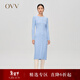 OVV秋冬熱賣(mài)女裝羊毛立體曲線(xiàn)坑條裝飾圓領(lǐng)長(cháng)袖針織連衣裙 淺藍（凈色）A5 S