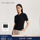 Tommy Hilfiger【絞花針織】春夏女純棉優(yōu)雅通勤撞色門(mén)襟翻領(lǐng)合身短袖開(kāi)衫 黑色BDS XS （推薦：100斤以下）