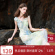 三彩2025夏季新款系帶V領(lǐng)荷葉邊暈染印花雪紡連衣裙長(cháng)裙