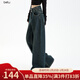 百圖betu女裝2025秋季新款牛仔闊腿褲腰頭拼接高腰顯瘦褲子女2508X04 深牛仔藍 L