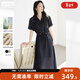 對白萊賽爾亞麻輕薄串珠連衣裙女2025夏季新款休閑通勤垂感襯衫裙 藏青色 M