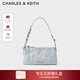 CHARLES&KEITH褶皺油蠟皮斜挎小方包手提包腋下包女士新年生日禮物CK2-80160183 Grey灰色 S