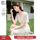 香影（xiangying）v領(lǐng)蕾絲連衣裙女2025夏季新款重工米白色高級感法式鏤空裙子 米色 M