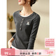 尚都比拉兔子刺繡假兩件圓領(lǐng)長(cháng)袖t恤女春秋外穿顯瘦女裝上衣 深灰色 XL 